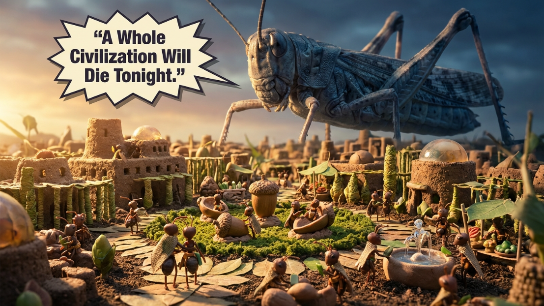Grasshopper King Declares “Ant Civilization Will End Tonight”